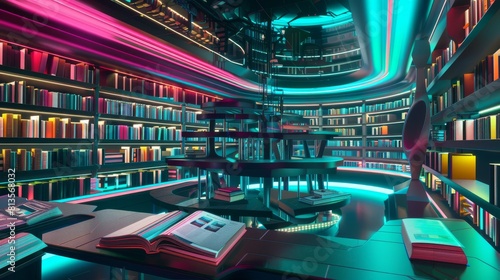 Retro-Futuristic Library with Holographic Books Panorama Shot.