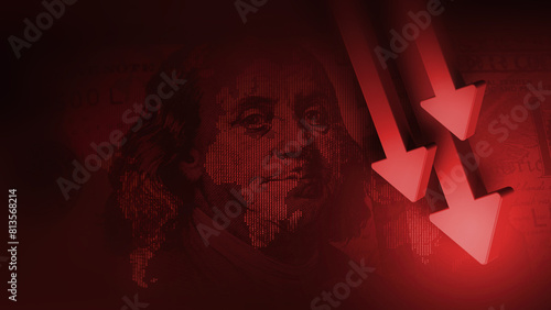 Downward Financial Trends Indicated by Red 3D Arrows on World Map