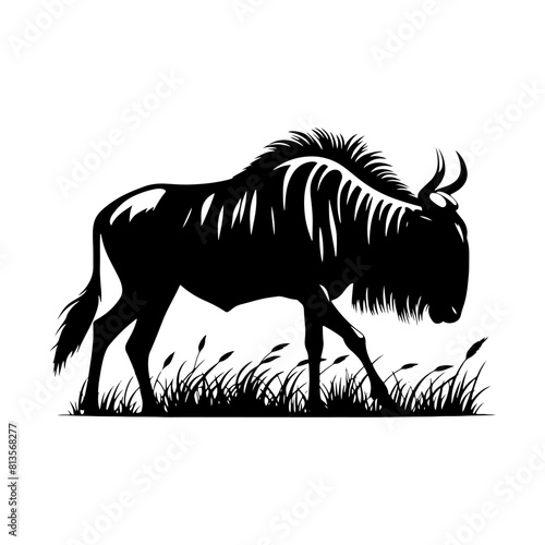 Minimalist Vector Wildebeest Silhouette Evoking Serene Savannah Scenes- Wildebeest Illustration.