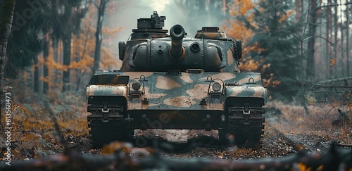 A brown german tank from world war two is hidden in the woods. photo