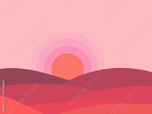 Wavy landscape at sunset in minimalist boho style. Desert wavy landscape with dunes and sun. View of the hills. Design for printing banners, posters, book covers. Vector illustration