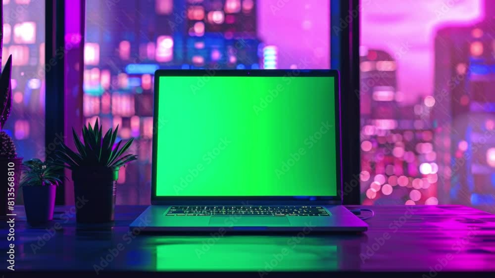 Neon Laptop with Green Screen at Night A vibrant scene depicting a laptop with a green screen set against a backdrop of a neon-lit cityscape at night Neon Laptop with Green Screen at Night A vibrant scene depicting a laptop with a green screen set against a backdrop of a neon-lit cityscape at night