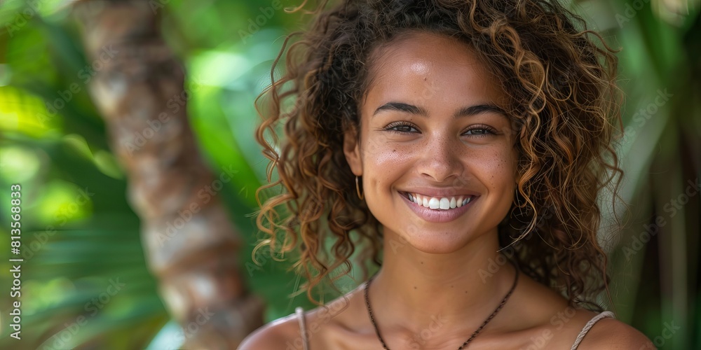 cheerful young woman with curly hair smiles brightly looking at camera against a blurred tropical background cheerful young woman with curly hair smiles brightly looking at camera against a blurred tropical background