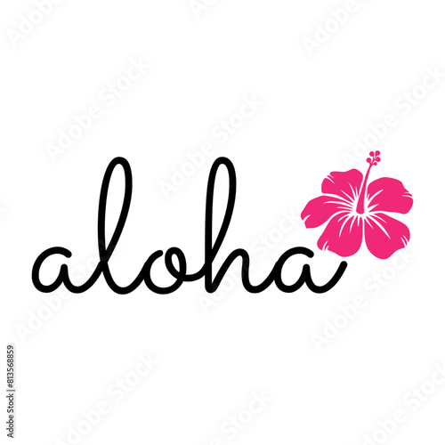 Logo vacaciones en Hawái. Letras de la palabra hawaiana aloha en caligrafía con silueta de flor de hibisco photo