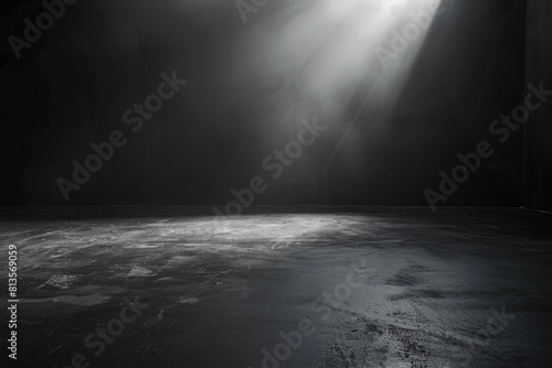 Spotlight in a dark room with concrete floor and brick wall. Dark room with spotlight. Spotlight effect