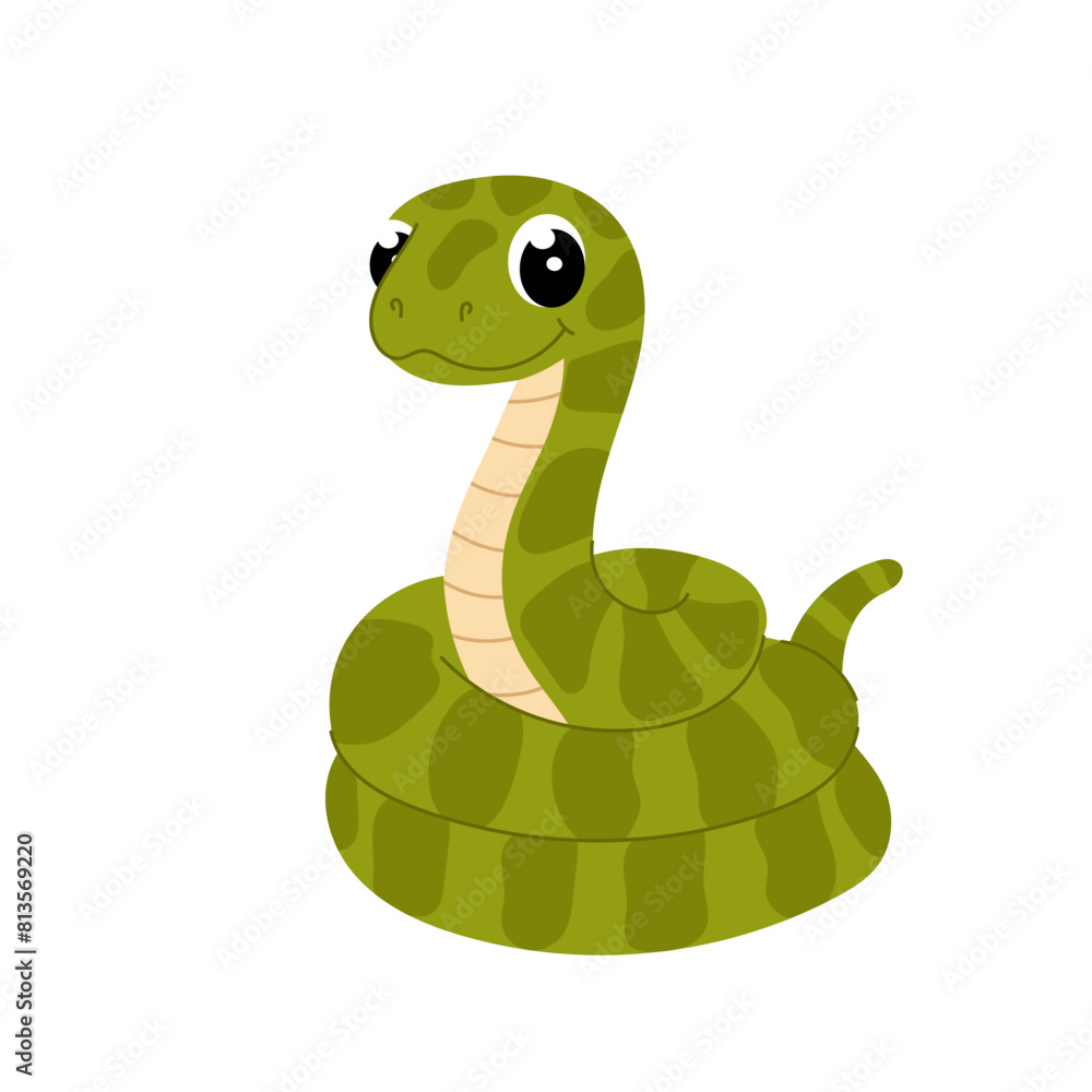 Fototapeta premium Green snake in flat style. Cartoon illustration of a viper on a white background. Kids illustration. Symbol of the 2025 year.