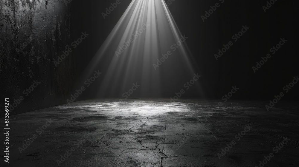 Spotlight in a dark room with concrete floor and brick wall. Dark room with spotlight. Spotlight effect Spotlight in a dark room with concrete floor and brick wall. Dark room with spotlight. Spotlight effect
