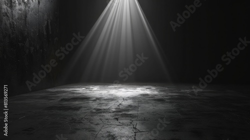 Spotlight in a dark room with concrete floor and brick wall. Dark room with spotlight. Spotlight effect © ttonaorh