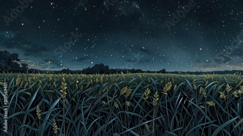Starry sky illuminates the tranquil scene of a wheat field at night, offering a sense of calmness and wonder under the cosmos