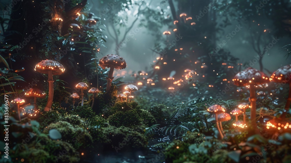 Wide-angle shot of a mushroom habitat, such as a damp woodland or mossy glade, made in fantasy style with lights and magic elements Wide-angle shot of a mushroom habitat, such as a damp woodland or mossy glade, made in fantasy style with lights and magic elements
