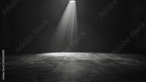 Spotlight in a dark room with concrete floor and brick wall. Dark room with spotlight. Spotlight effect