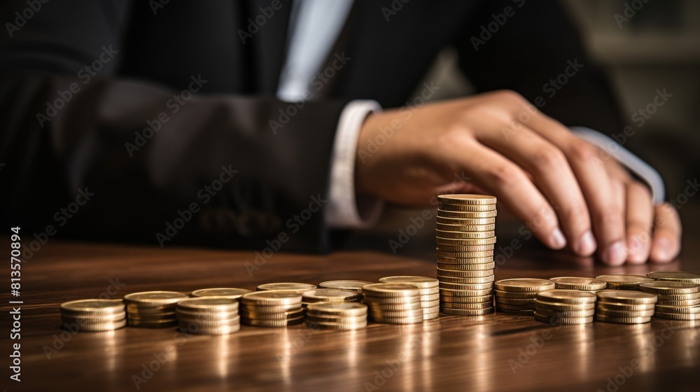 Man wearing suit putting stack of coins on the wooden desk. Stack of gold coins on the wooden table Man wearing suit putting stack of coins on the wooden desk. Stack of gold coins on the wooden table