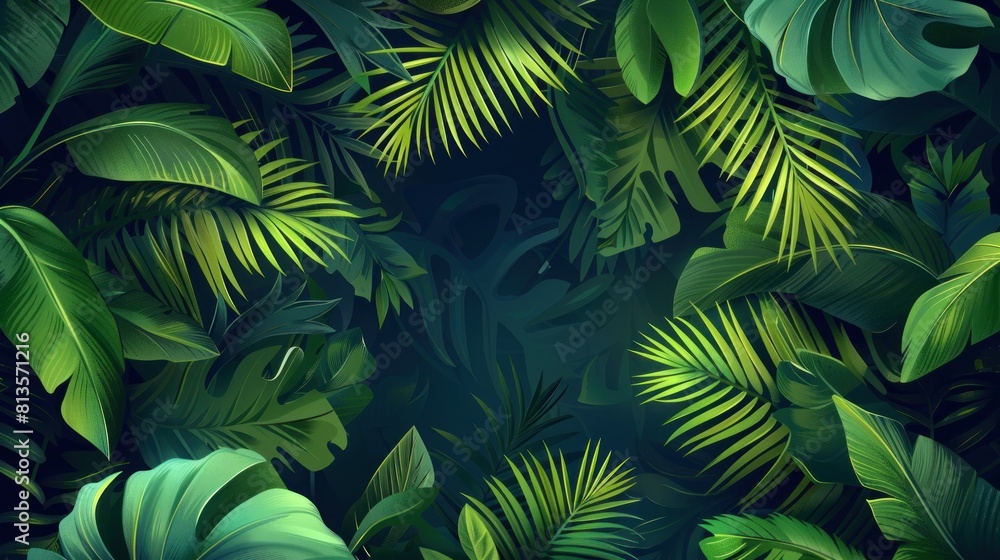 Fototapeta premium Lush green tropical leaves of different shapes and sizes layered over a dark, moody background creating a dense jungle feel