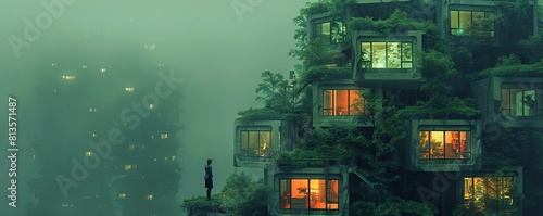 AI generated illustration of crop anonymous female creating small mockup of multistory building with green woods on top in dim light photo