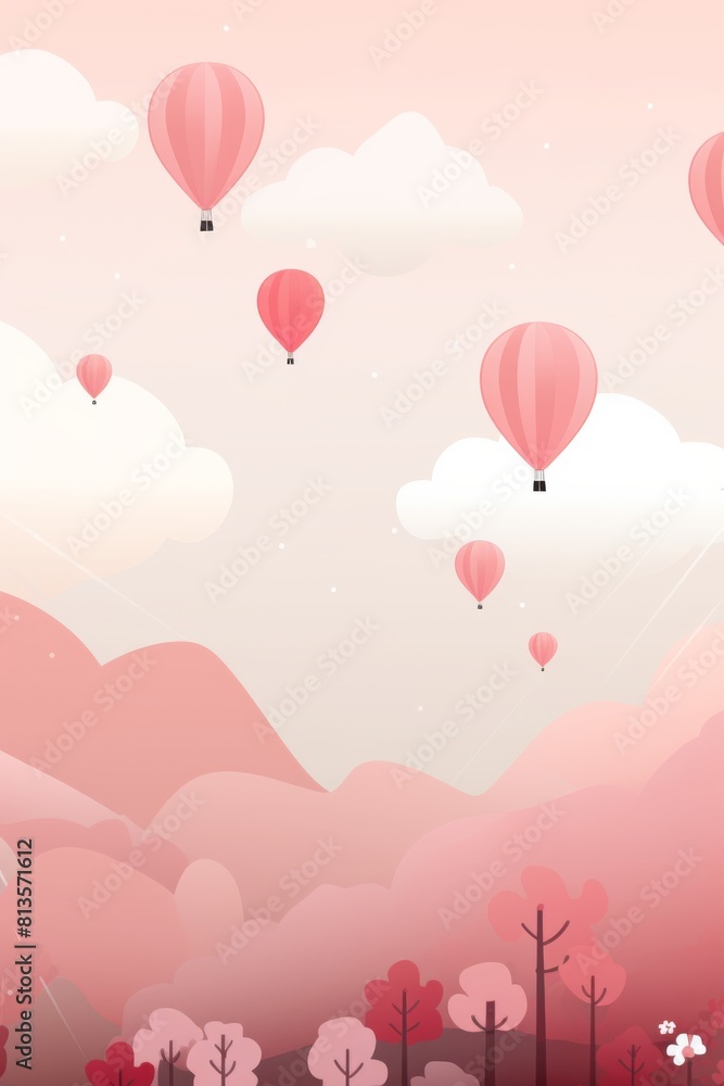 A group of hot air balloons floating in the air over a pink mountains. Vertical orientation.