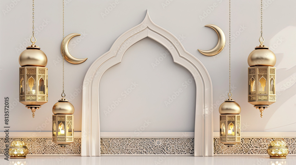 Islamic decoration background with lantern and crescent moon luxury style, on white background Islamic decoration background with lantern and crescent moon luxury style, on white background