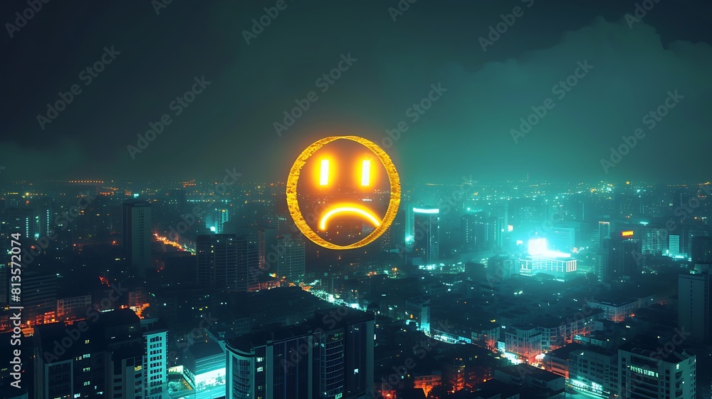 Drones Flying in Shape of Sad Emoji in Night Cityscape, Drones, flying, sad emoji, night cityscape