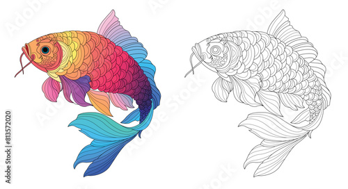 Carp in mandala style for coloring book, vector illustrations for adults. Anti-stress coloring for adults. Carp in two versions, colored stripes and black and white.