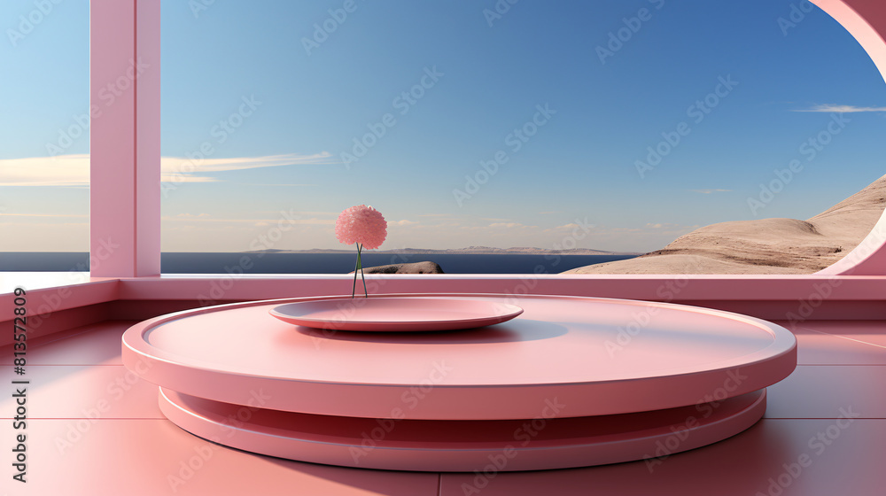 a pink round table with a small plant on top