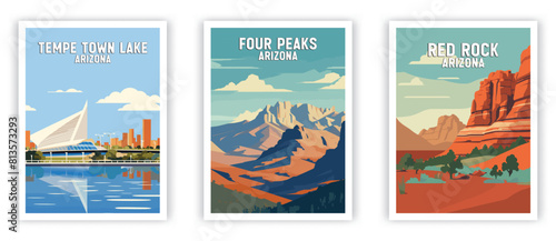 Tempe Town Lake, Four Peaks, Red Rock Illustration Art. Travel Poster Wall Art. Minimalist Vector art