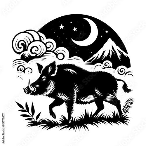 Wild Rush: Vector Wild Boar Silhouette Capturing the Spirit of Untamed Ferocity- Wild Boar Illustration- Minimalist Wild Boar Vector.