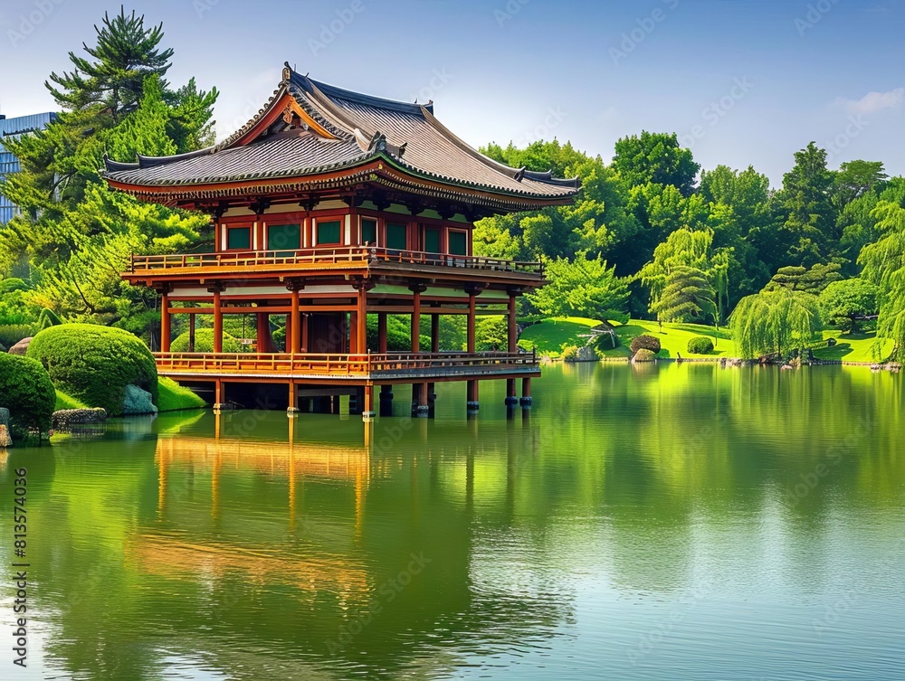 A serene Japanese garden offers a tranquil escape from the bustling city, inviting quiet contemplation A serene Japanese garden offers a tranquil escape from the bustling city, inviting quiet contemplation