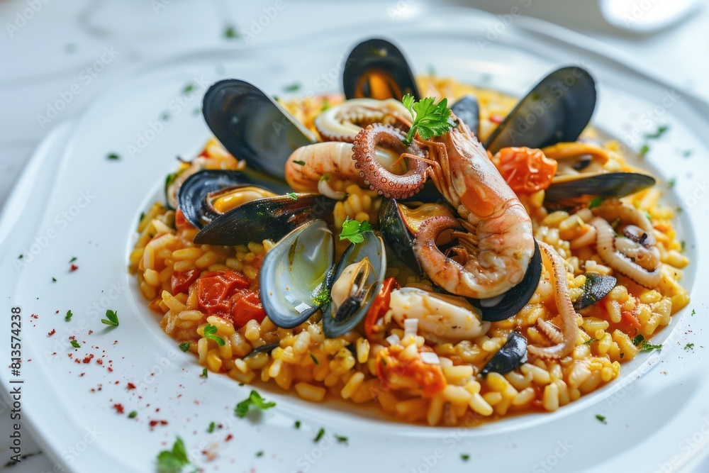 Italian Food Dishes. Seafood Risotto with Mussels, Octopus, and Squid. Elegant Restaurant Presentation Italian Food Dishes. Seafood Risotto with Mussels, Octopus, and Squid. Elegant Restaurant Presentation