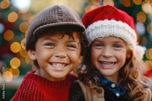 Christmas Kids. Cheerful Diverse Children Celebrating Christmas Holiday with Joy and Fun