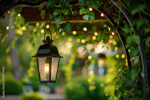 Elegant Garden. Romantic Wedding Arch with Electric Lamp and Garland in Nature
