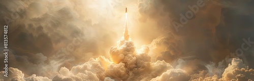 A rocket is launching into the sky, surrounded by clouds photo