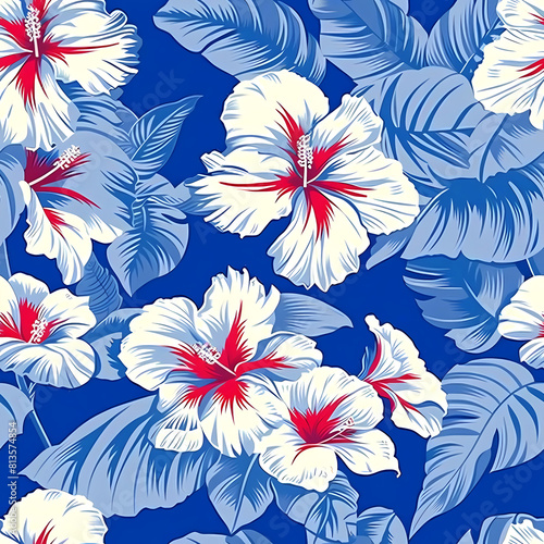 Seamless pattern with white hibiscus flowers on blue background