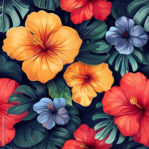 Floral seamless pattern design with hibiscus flowers for wallpaper and textiles