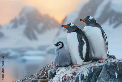 Gentoo penguins and their chicks on the field of natural stones in Antarctica 