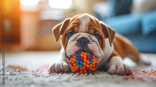 A playful Bulldog puppy chewing on a bright toy, capturing youthful energy and mischief, suitable for pet toy promotions