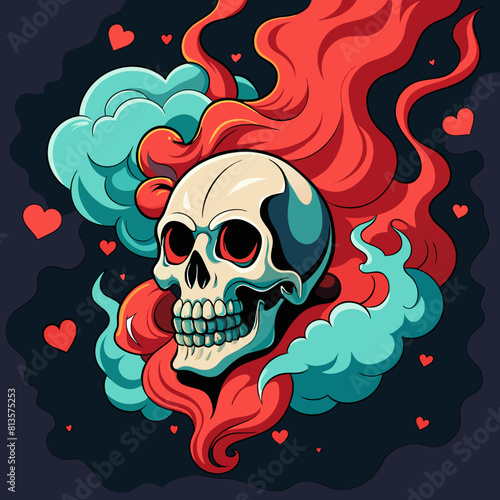 Hauntingly beautiful image of a skull releasing delicate heart-shaped smoke from its hollow eye sockets