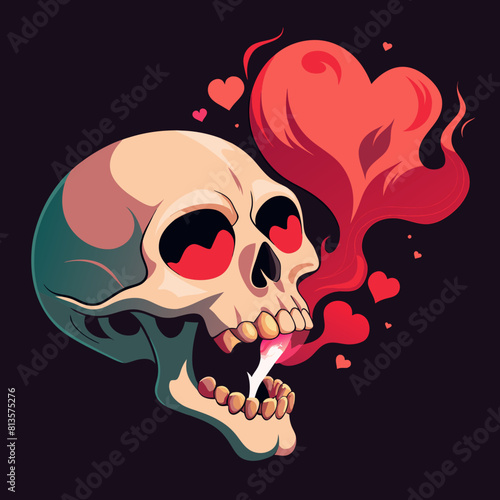 Hauntingly beautiful image of a skull releasing delicate heart-shaped smoke from its hollow eye sockets