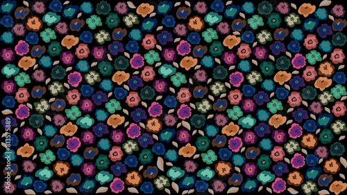 Seamless pattern of multicolored flowers on a black  background
