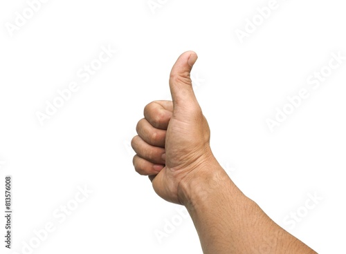 Male hand giving thumbs up isolated on white background, business concept. 