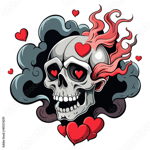 Hauntingly beautiful image of a skull releasing delicate heart-shaped smoke from its hollow eye sockets