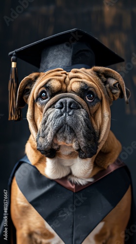 A dignified Bulldog wearing a graduation cap, ideal for educational services or graduation celebrations photo