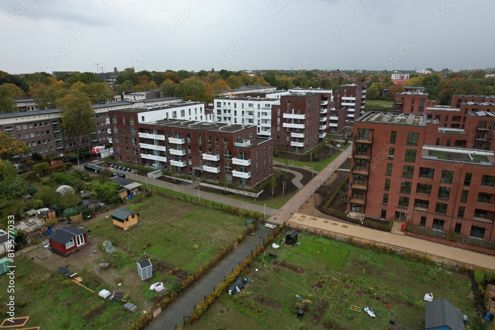 Aerial shot of a residential complex of modern houses, Hamburg, Germany Aerial shot of a residential complex of modern houses, Hamburg, Germany