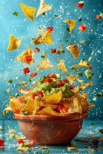 A stylized capture of nachos erupting from a terracotta dish  with guacamole and salsa splatters rising  against an electric blue background