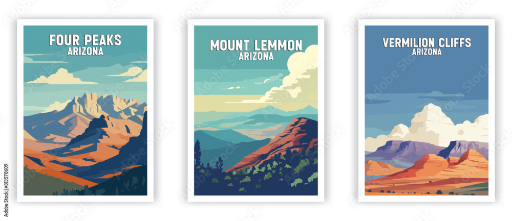Four Peaks, Mount Lemmon, Vermilion Cliffs Illustration Art. Travel Poster Wall Art. Minimalist Vector art