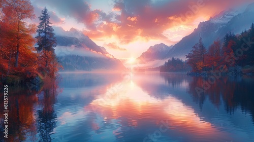 Breathtaking Autumn Sunrise at Hintersee Lake Surrounded by Colorful Foliage and Misty Mountains photo