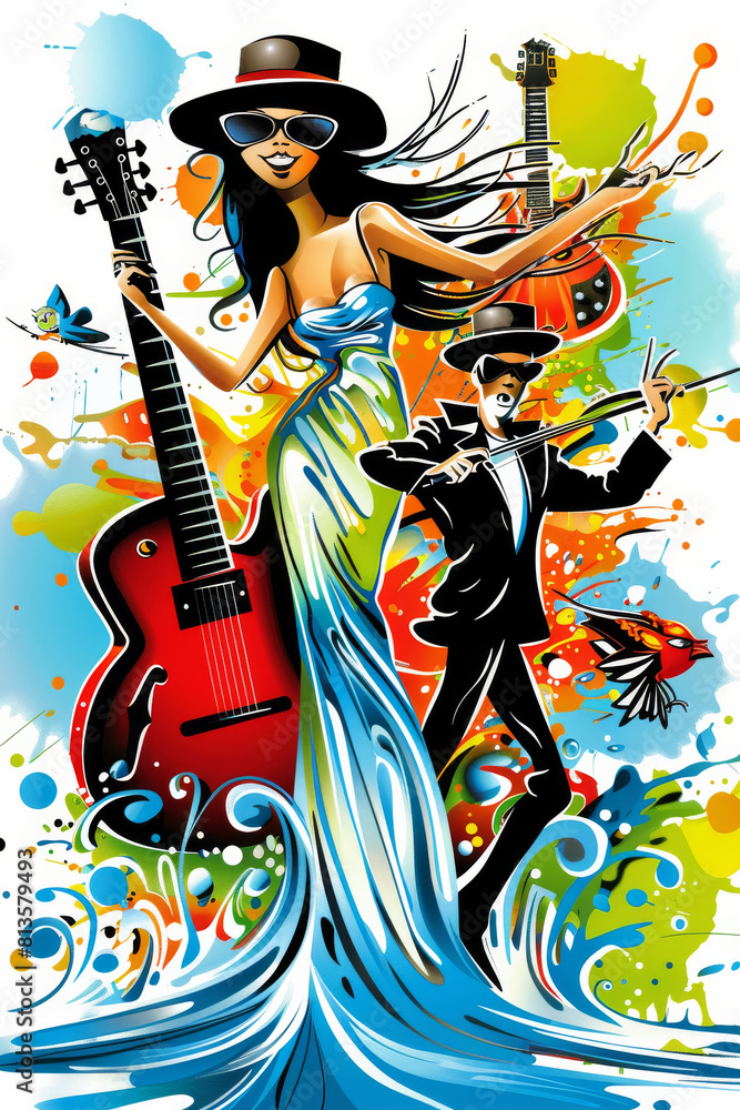 A woman and a man are both playing guitars in this artistic representation of friends making music together