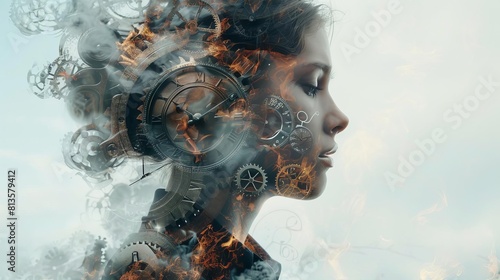Double exposure of the silhouette face and head profile of an attractive woman with gears