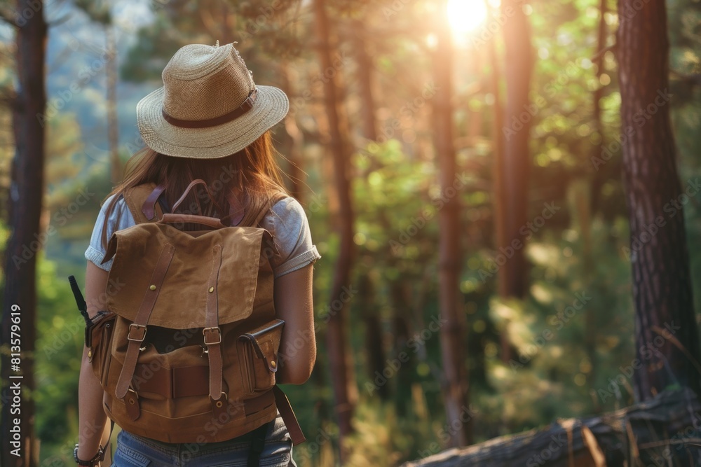 Backpack Woman. Young Hipster Female Traveler Walking Among Trees at Forest During Sunset