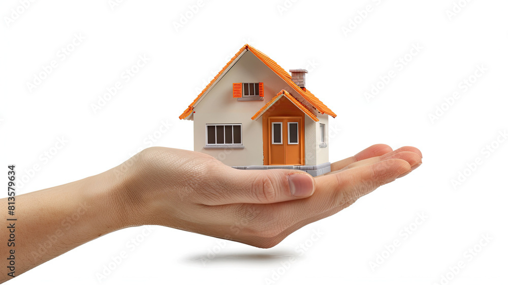 Human hand holding a modren house, isolated on white background Human hand holding a modren house, isolated on white background