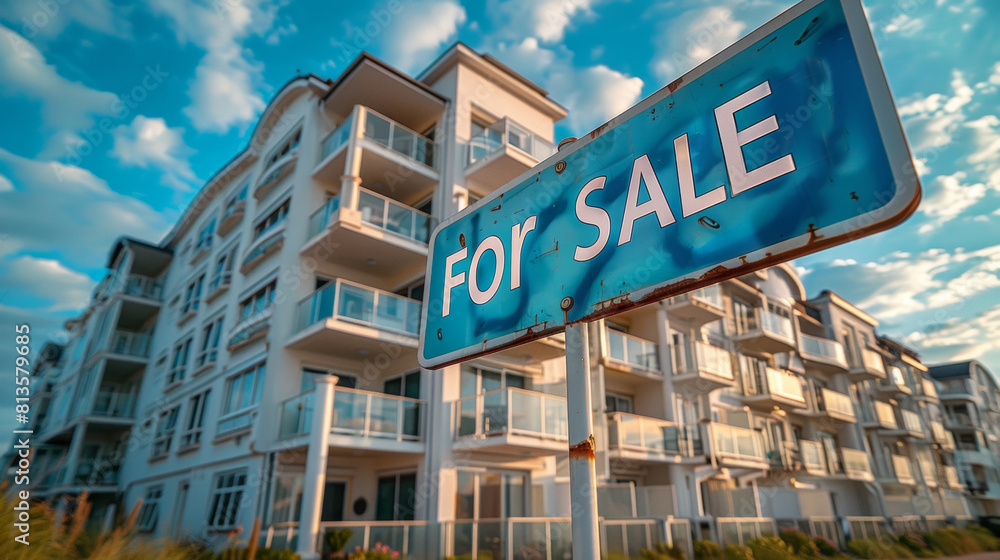 Modern Residential Building With a 'For Sale' Sign Under Blue Sky Modern Residential Building With a 'For Sale' Sign Under Blue Sky