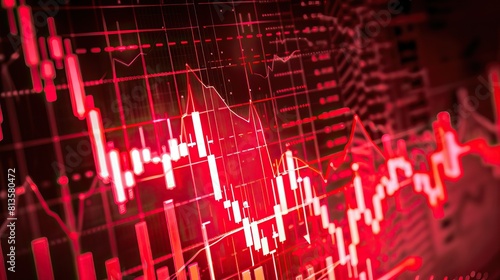 Close up of a red stock market screen showing financial graph data going down